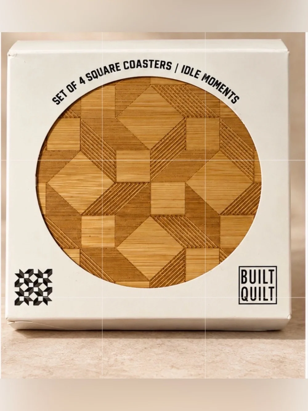 NIB - Built Quilt Idle Moments Bamboo Wood Coasters Set of 4 Geometric Pattern.